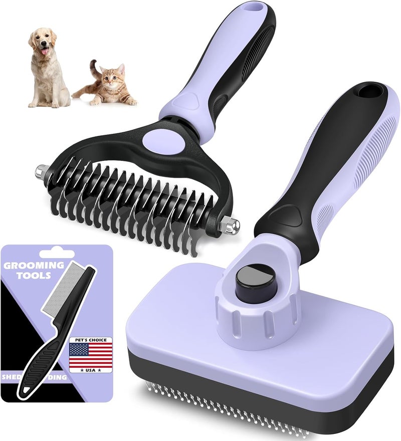 Augwind 3PCS Self Cleaning Slicker Brush & Pet Grooming Rake & Flea Comb for Dogs,Cats and Horses | Double-Sided Dematting Comb & Skin Friendly Deshedding Grooming Tool | Pet Supplies(Light Purple Black) - Image 1